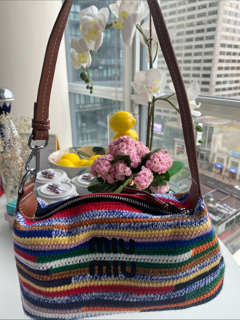 Miu Miu Multicolor Striped Crochet Mini Shoulder Bag with Brown Leather Strap